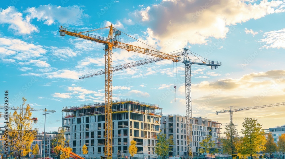 Fototapeta premium Cranes Towering over Ongoing High Rise Construction Site at Sunset