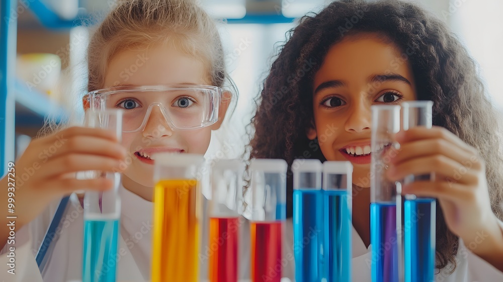 Two Young Girls Conducting a Science Experiment with Colorful Liquids in Test Tubes Two Young Girls Conducting a Science Experiment with Colorful Liquids in Test Tubes