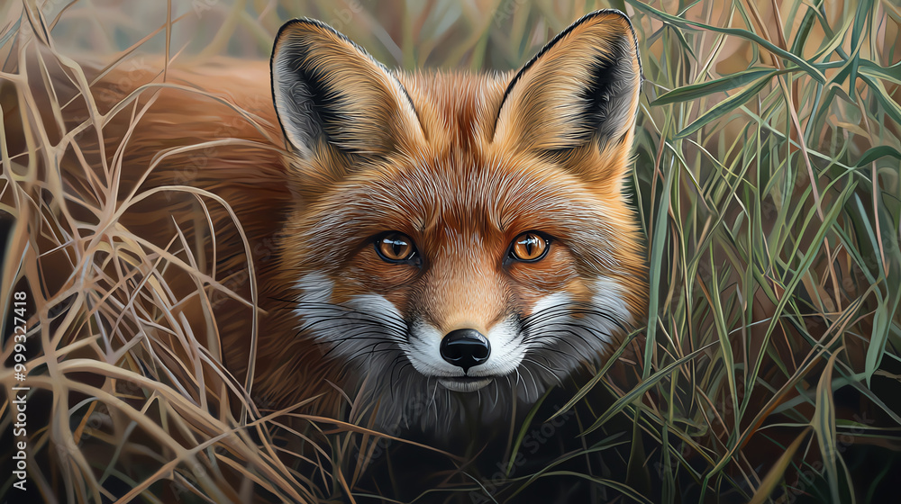 Obraz premium A close-up of a red fox in tall grass, showcasing its vibrant fur and keen eyes.