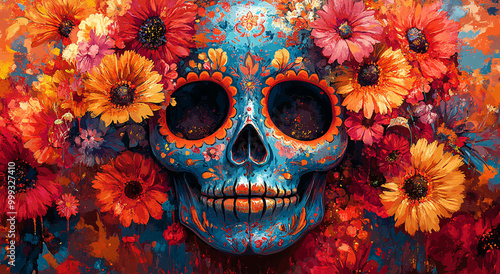 Colorful sugar skull adorned with vibrant flowers celebrating day of the dead, surrounded by splashes of color, soft diffused lighting enhancing details,...