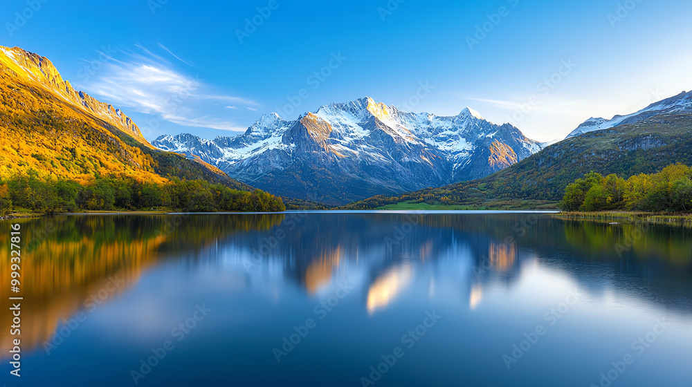 Fototapeta premium Stunning mountain reflection in serene lake under a clear blue sky.