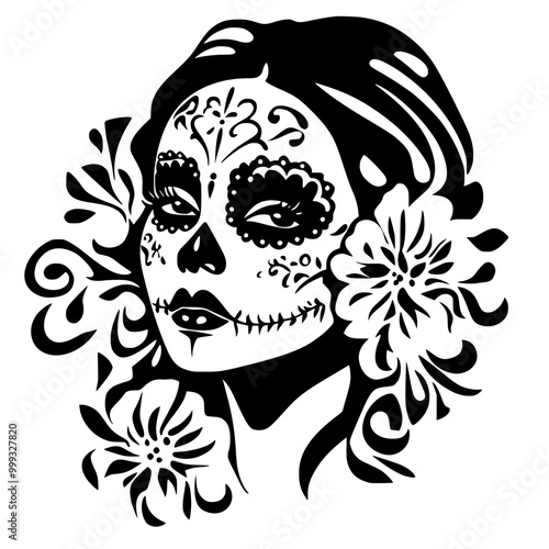 Day of the Dead sugar skull woman illustration, Black and white illustration of a woman with intricate sugar skull makeup, floral designs, and traditional Day of the Dead elements.

