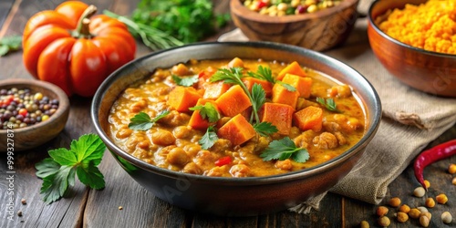 A delicious and flavorful pumpkin, red lentil, and chickpea curry , Vegan, healthy, homemade, curry