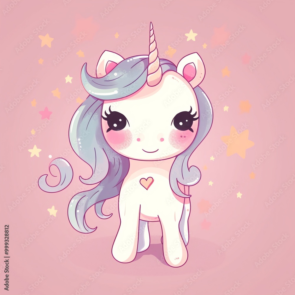 Cute Kawaii Unicorn Illustration with Stars and Pink Background for Kids' Room Decor, Baby Shower, or Birthday Invitations Cute Kawaii Unicorn Illustration with Stars and Pink Background for Kids' Room Decor, Baby Shower, or Birthday Invitations