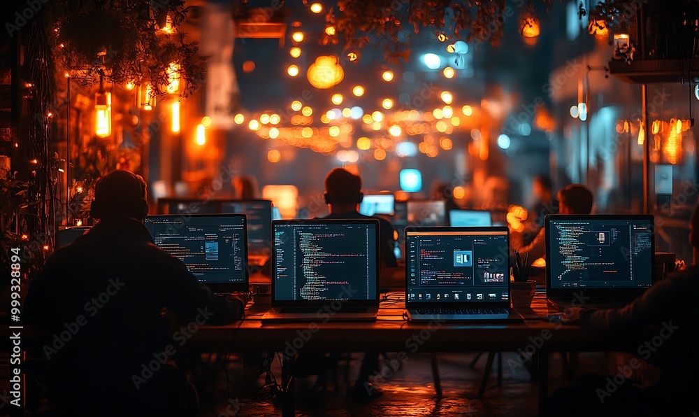 A group of programmers work on their laptops in a dimly lit office, illuminated by warm string lights. A group of programmers work on their laptops in a dimly lit office, illuminated by warm string lights.