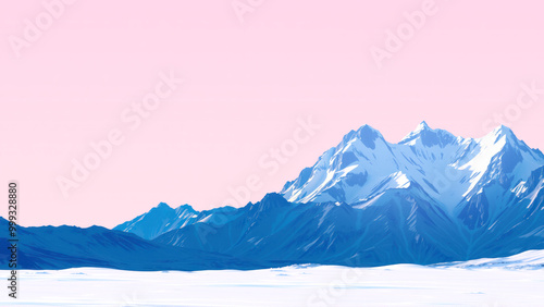 Snow-capped peaks under vibrant pink sky