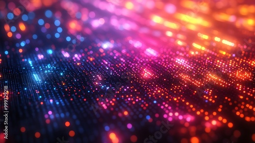 Abstract background with glowing particles in red, orange, blue and pink.