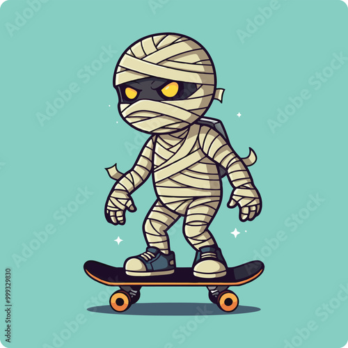 mummy on skateboard, mummy, skateboard, cartoon mummy, cute mummy,  Halloween character, spooky skateboard, skateboarding monster, Halloween illustration, mummy drawing, Halloween art, cartoon horror