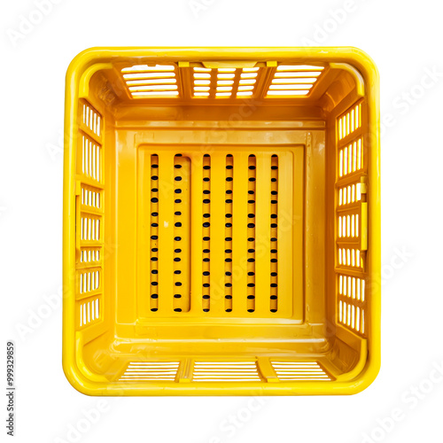 Empty yellow basket for vegetables. Isolated on transparent background.