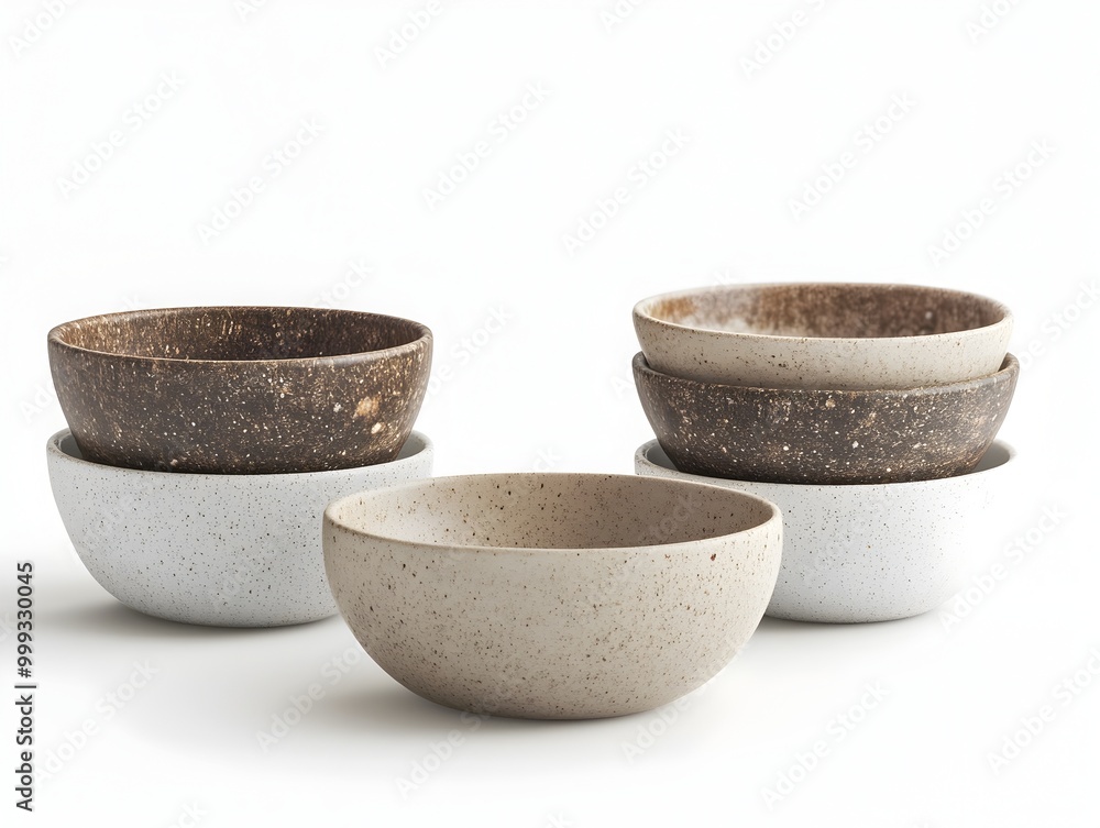 Ceramic Bowls with Mottled Earthy Tones on Clean White Background Ceramic Bowls with Mottled Earthy Tones on Clean White Background