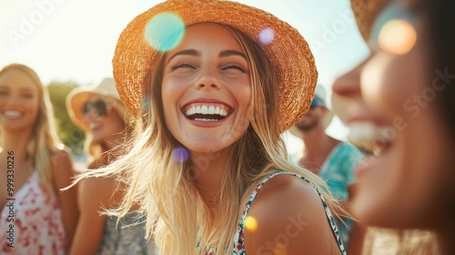 Happy Friends Enjoying Summer Outdoor Fun and Laughter in Scenic Meadow Landscape