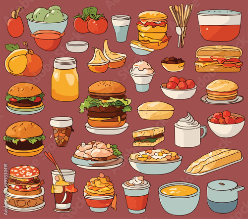 Fast food pixel art icons set, fast restaurant pixelated elements burger, hot dog, taco, ice cream, pizza, coffee