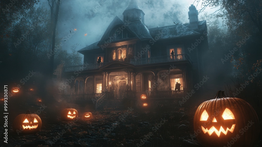 Haunted Victorian Mansion on a Foggy Halloween Night Haunted Victorian Mansion on a Foggy Halloween Night