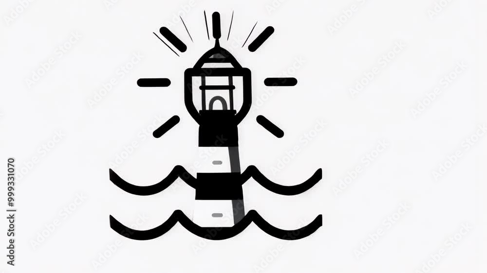 A black and white illustration of a lighthouse shining its light in the water A black and white illustration of a lighthouse shining its light in the water