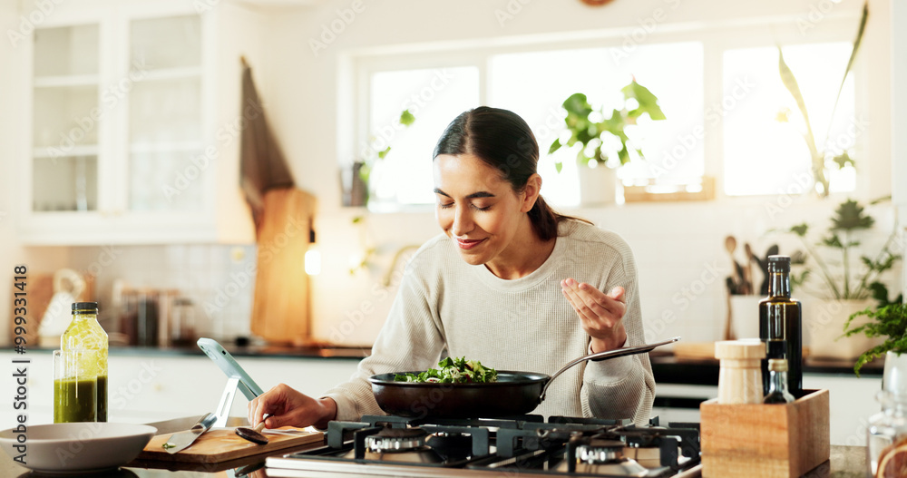 Woman, cooking and smell salad in kitchen for aroma, meal prep and healthy lunch recipe by stove. Nutrition influencer, food blogger and vegan chef with smartphone for social media tutorial in home Woman, cooking and smell salad in kitchen for aroma, meal prep and healthy lunch recipe by stove. Nutrition influencer, food blogger and vegan chef with smartphone for social media tutorial in home