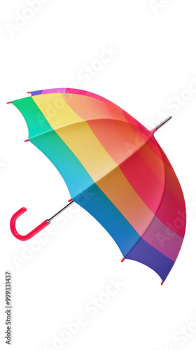 Colorful rainbow umbrella with curved red handle, showcasing vibrant colors in gradient pattern. Perfect for brightening up a rainy day with its vivid design. Isolated on transparent background, png. photo