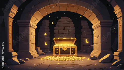 Cartoon-Style Stone Chamber at Midnight with Gold Chests & Flickering Torches