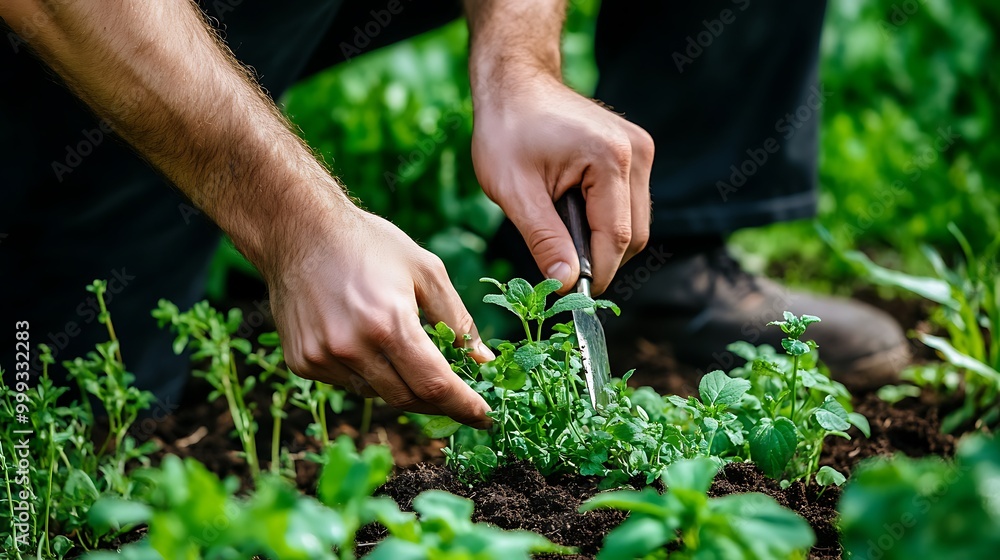 Hands Planting Green Seedlings in Soil with a Garden Tool Hands Planting Green Seedlings in Soil with a Garden Tool