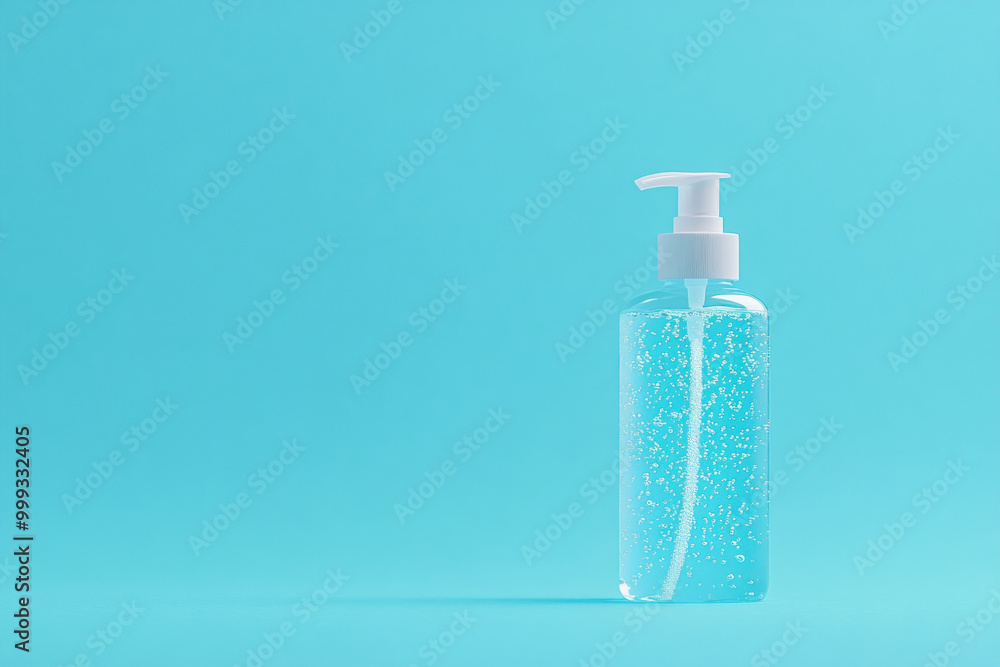 Clear pump bottle with liquid gel on a vibrant blue background. Clear pump bottle with liquid gel on a vibrant blue background.
