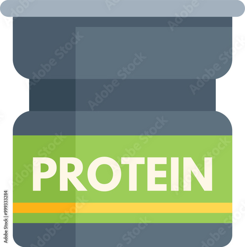 Flat design icon of a plastic jar containing protein powder, often used by athletes for muscle recovery and growth