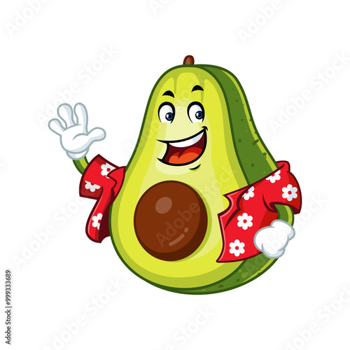 Smiling avocado mascot wearing a hawaiian shirt and waving hello.