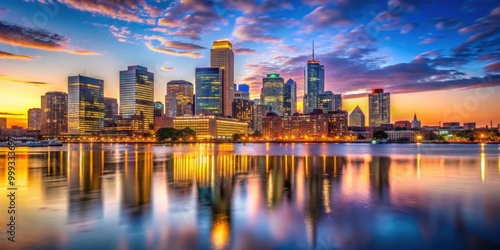 Boston skyline at sunset with colorful sky and city lights reflecting in the water, Boston, skyline