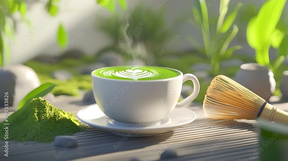 Matcha Latte with Bamboo Whisk and Green Tea Powder Matcha Latte with Bamboo Whisk and Green Tea Powder