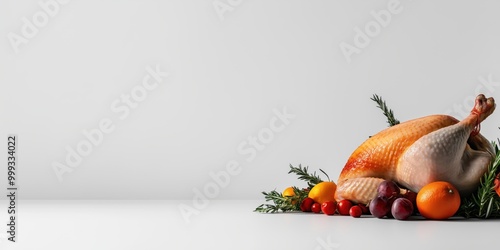 Golden-brown and crispy roasted turkey adorned with fruits and herbs, presented on a white platter - the ideal centerpiece for a thanksgiving feast with loved ones photo