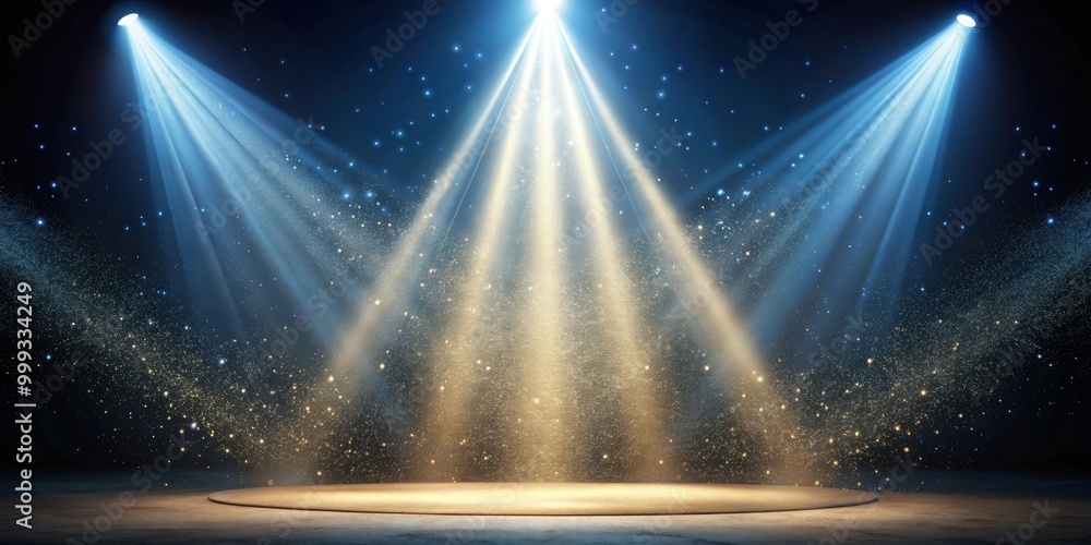 Obraz premium Spotlight illuminating dust particles on empty stage, dark background, spotlight, golden light rays, dust, floating
