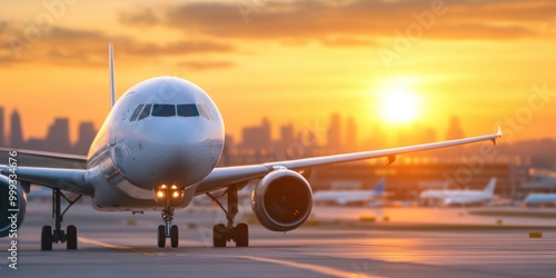 At sunset, a busy airport scene with aircraft and service vehicles.