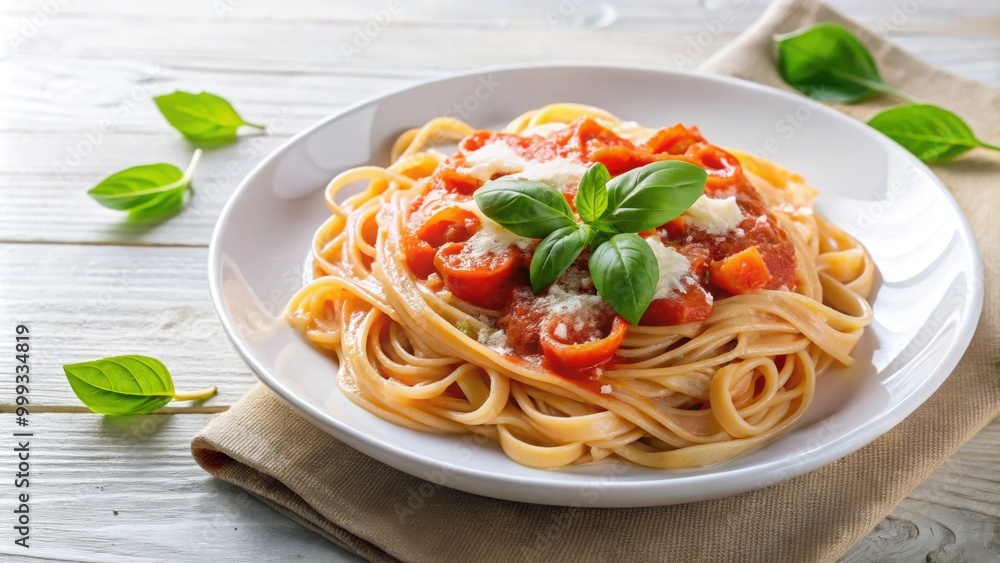 Delicious pasta dish with creamy tomato sauce, fresh basil, and parmesan cheese on a white plate, pasta, dish, creamy Delicious pasta dish with creamy tomato sauce, fresh basil, and parmesan cheese on a white plate, pasta, dish, creamy