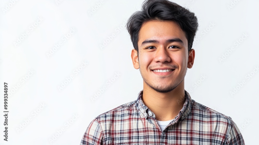 Smiling Asian Man in Plaid Shirt on Plain Background Smiling Asian Man in Plaid Shirt on Plain Background