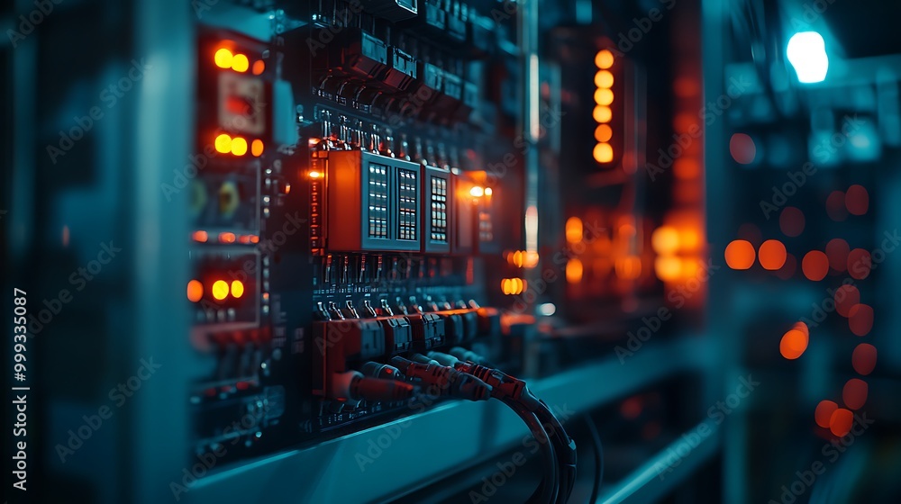 A detailed shot of a power distribution board, featuring monitoring equipment, voltage indicators, and clear labeling of electrical components. A detailed shot of a power distribution board, featuring monitoring equipment, voltage indicators, and clear labeling of electrical components.