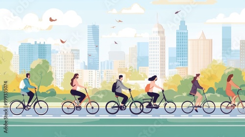 Show people commuting by bicycle or electric scooters in a city, illustrating sustainable transportation alternatives to reduce carbon footprints.