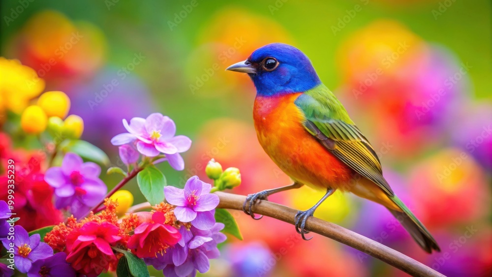 Vibrant colored songbird perched on a branch of colorful flowers, songbird, colorful, branch, flowers, nature, vibrant, bird Vibrant colored songbird perched on a branch of colorful flowers, songbird, colorful, branch, flowers, nature, vibrant, bird