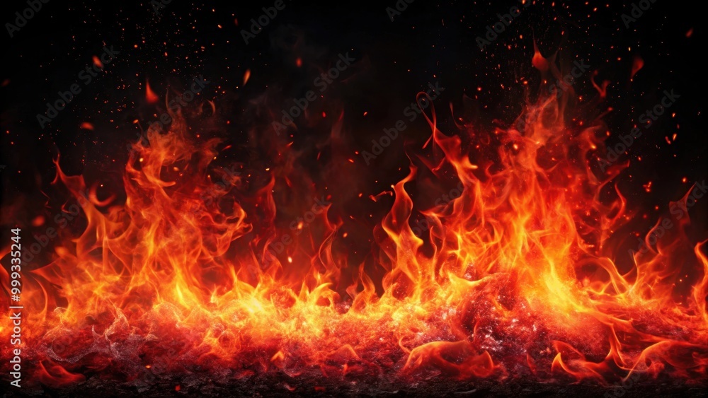 Red fire flames with glowing particles against a black background, fire, flames, red, night, hot, heat, burn, glowing Red fire flames with glowing particles against a black background, fire, flames, red, night, hot, heat, burn, glowing