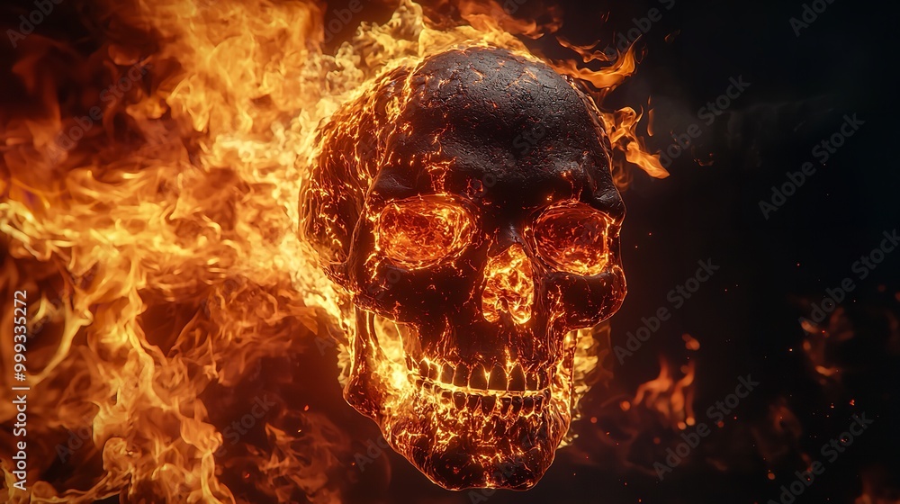 Fiery skull emerging from flames in a dark, dramatic setting Fiery skull emerging from flames in a dark, dramatic setting