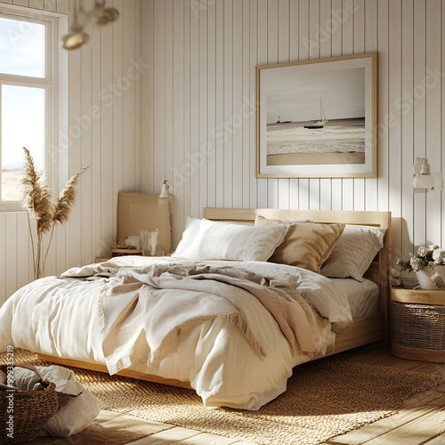 Wallpaper Mural Modern bedroom features a bed with beige bedding, showcasing a boho, farmhouse interior design. Torontodigital.ca