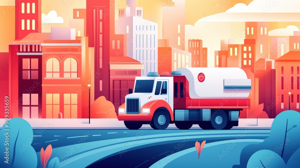 Colorful Truck in a Vibrant Cityscape at Sunset Colorful Truck in a Vibrant Cityscape at Sunset