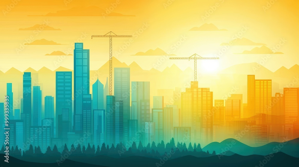 Urban Skyline with Cranes at Sunset Urban Skyline with Cranes at Sunset