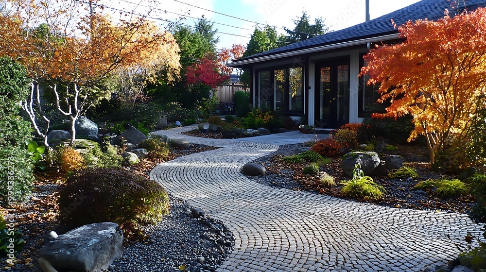 Obraz premium Cobblestone Pathway in Autumn Garden with House and Trees