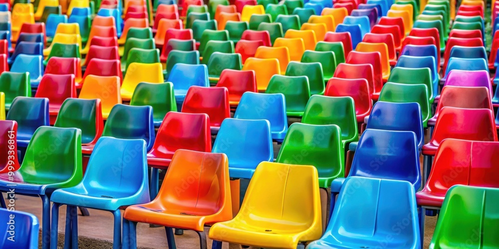 Obraz premium Vibrant rows of colorful plastic chairs creating a visually appealing pattern , vibrant, colorful, plastic, chairs, rows, arrangement