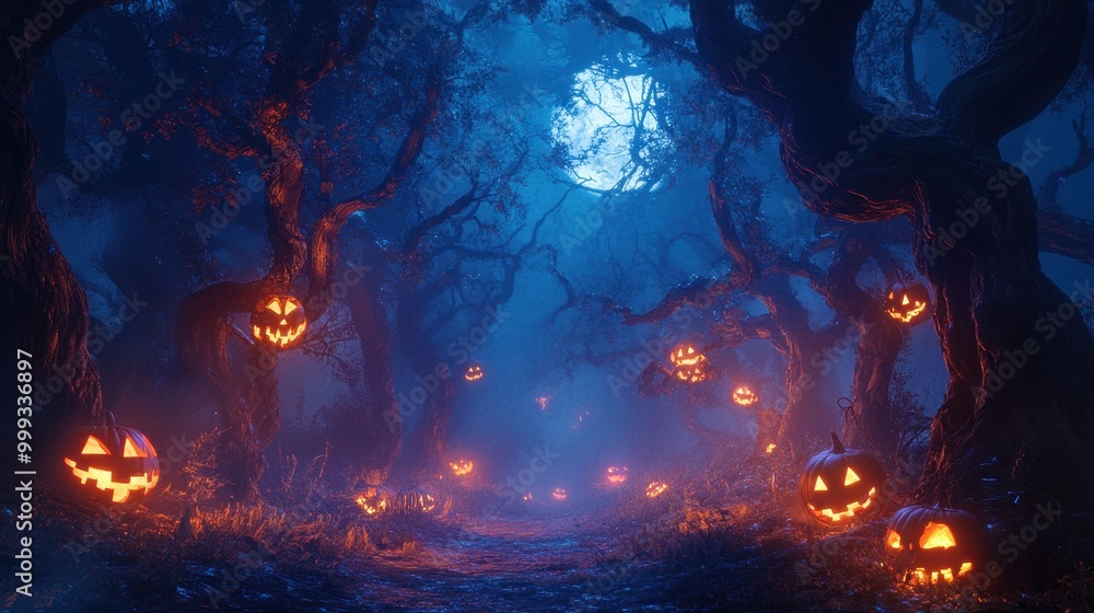Halloween Forest Path with Glowing Jack-O'-Lanterns Halloween Forest Path with Glowing Jack-O'-Lanterns