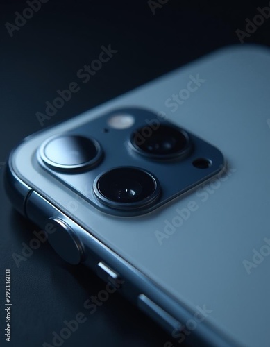  Close-up of a smartphone camera lens with sleek metal frame, sharp focus, and detailed design.