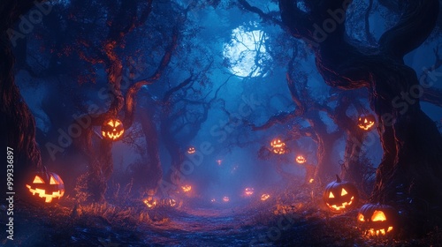 Halloween Forest Path with Glowing Jack-O'-Lanterns