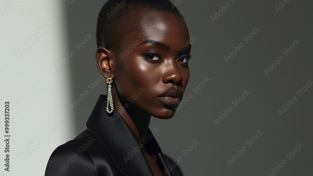 Studio portrait of a beautiful African American woman with extremely short hair and posing in three-quarter profile. Serious expression. Studio portrait of a beautiful African American woman with extremely short hair and posing in three-quarter profile. Serious expression.