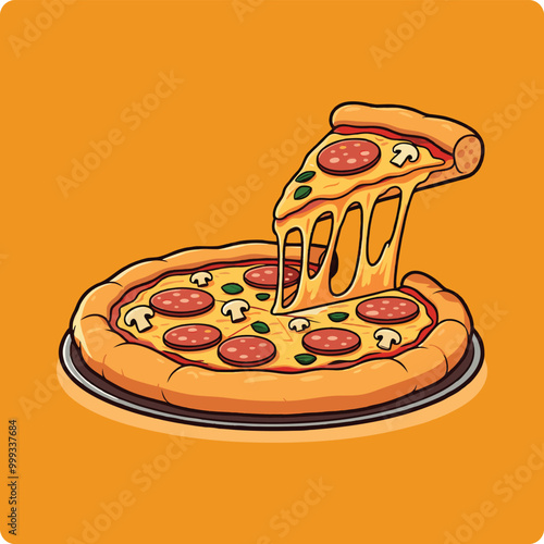 pizza illustration on solid background pizza slice with salami, mushrooms, basil leaf and melted cheese for pizzeria package and menu designs Flat Vector