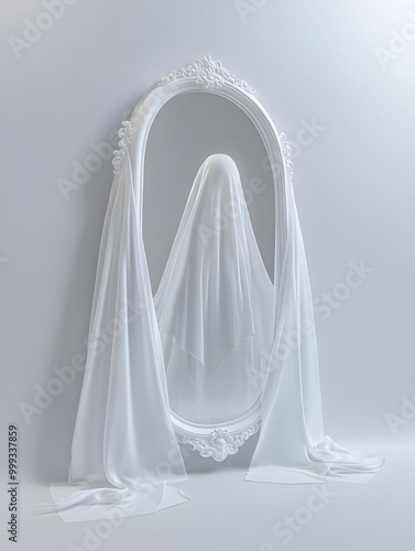 Ethereal Ghost Floating Through Haunted Mirrored Backdrop in Surreal Studio Setting