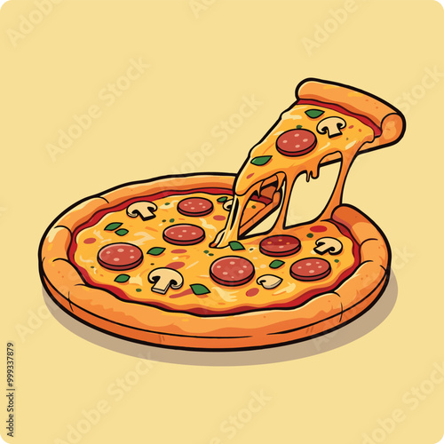 pizza illustration, Flat illustration of a pizza isolated on solid background. pizza slice with salami, mushrooms, basil leaf and melted cheese for pizzeria package and menu designs. Flat Vector