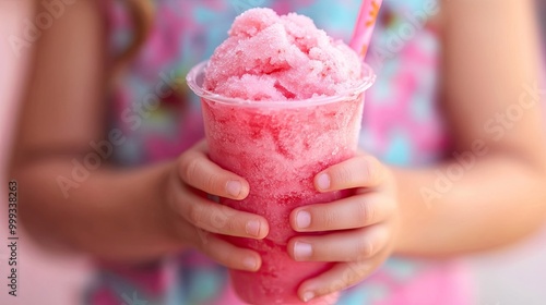 Little Girla??s Hands Holding Pink Snow Cone Slushy Drink: Cute summer treat featuring a little girl's hands holding a pink snow cone slushy drink, emphasizing refreshment. photo